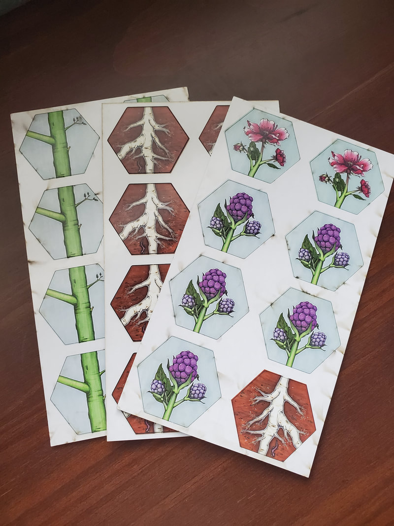 Fruit cardboard punch-out sheets showing flower and fruit hex tiles